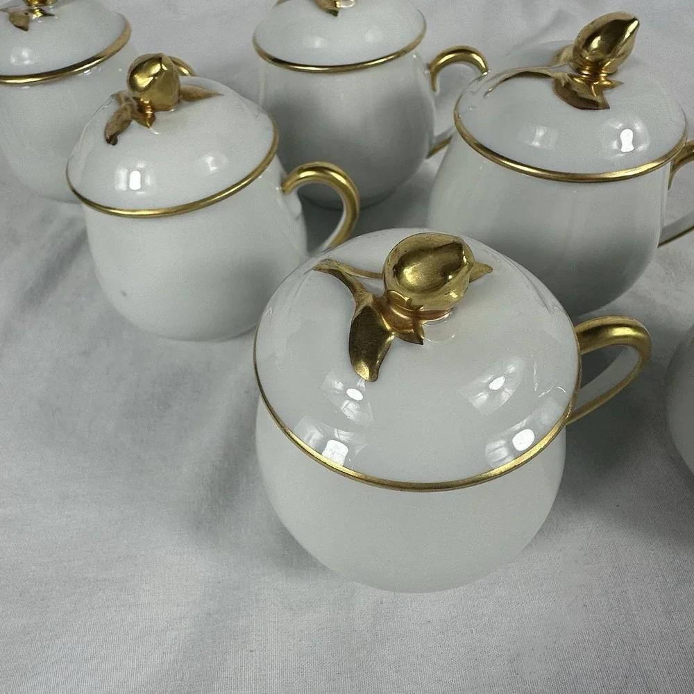 6 Antique Limoges Pot de Crème France Coiffe Porcelain White‎ And Gold